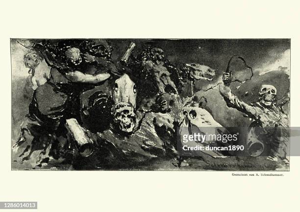nightmare of monsters, skulls, undead beasts, zombies - creepy monsters from the past stock illustrations