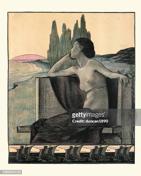 portrait of a young woman looking out to sea, jugendstil art - modern art stock illustrations