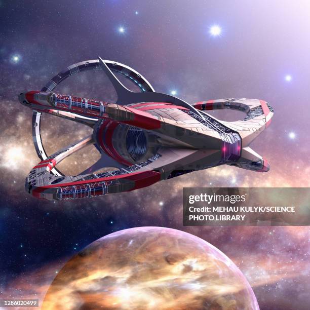 spaceship orbiting alien planet, illustration - spaceship stock illustrations
