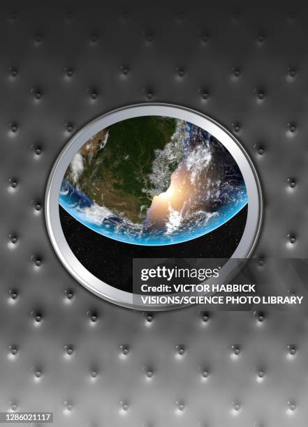 earth from spaceship window, conceptual illustration - porthole stock illustrations