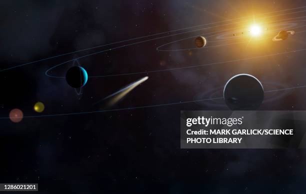 artwork of the orbits of the solar system - komet stock-grafiken, -clipart, -cartoons und -symbole