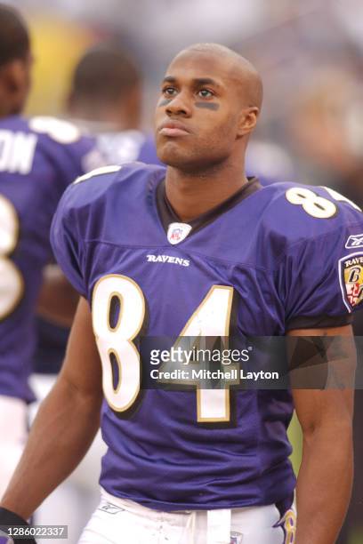 Javin Hunter of the Baltimore Ravens looks on during a NFL football game against the Cincinnati Bengals on November 2, 2002 at Ravens Stadium in...