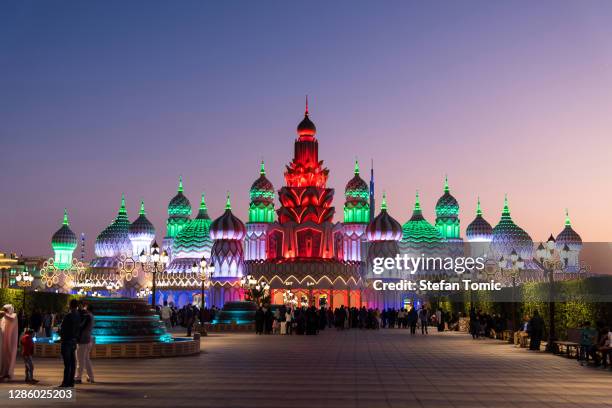 entrance of global village in dubai one of the mos popular travel spots in uae - global village stock pictures, royalty-free photos & images