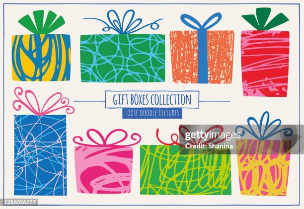 set of colorful doodles gift boxes - drop box stock illustrations