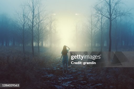 Woman in the forest with mysterious lights at night Woman in the forest with mysterious lights at night