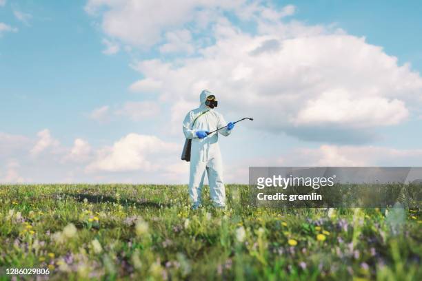 humorvolle desinfektion der wildpflanzen - man in white suit stock-fotos und bilder