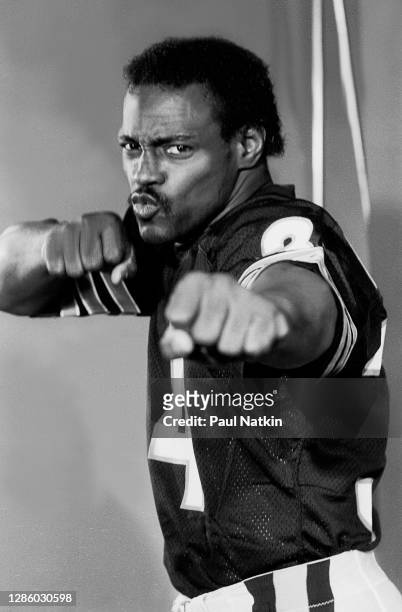 Walter Payton of The Chicago Bears filming the Super Bowl Shuffle at the Bears Training Camp in Lake Forest, Illinois, December 4, 1985.