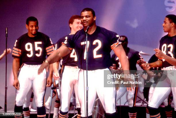 William "Refrigerator" Perry of The Chicago Bears filming the Super Bowl Shuffle at the Park West in Chicago, December 3, 1985.