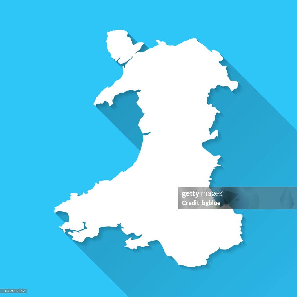 Wales map with long shadow on blue background - Flat Design