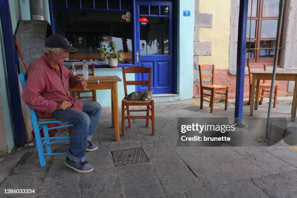 man and his cat, limnos island, greece - greek ethnicity stock pictures, royalty-free photos & images