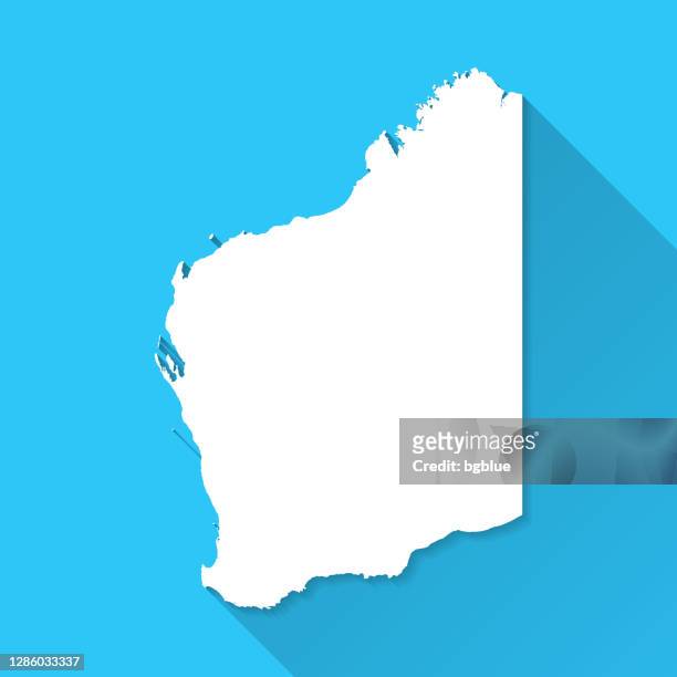 ilustraciones, imágenes clip art, dibujos animados e iconos de stock de mapa de australia occidental con sombra larga sobre fondo azul - diseño plano - australia occidental