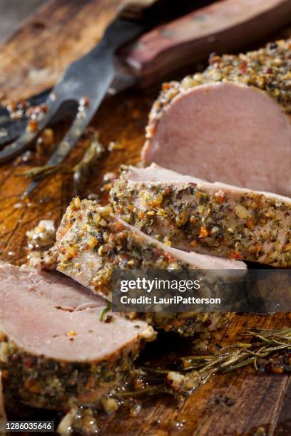 garlic and herb crusted pork tenderloin - loin stock pictures, royalty-free photos & images