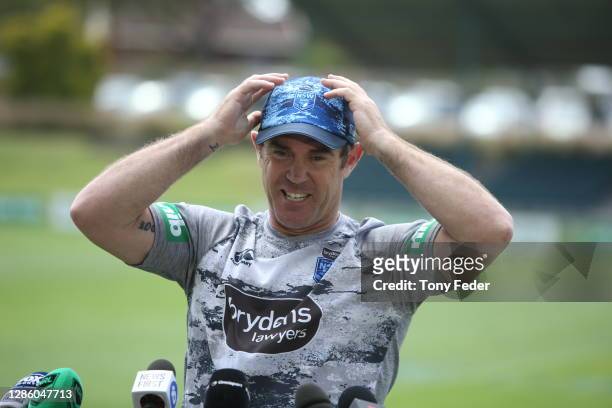 Brad Fittler talks to the media during the NSW Blues State of Origin captain's run at Morry Breen Oval on November 17, 2020 in Wyong, Australia.