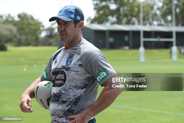 Brad Fittler talks to the media during the NSW Blues State of Origin captain's run at Morry Breen Oval on November 17, 2020 in Wyong, Australia.