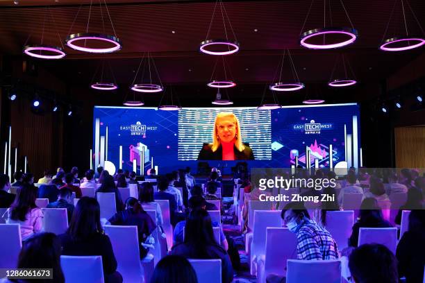 Ginni Rometty, Executive Chairman of IBM speaks with Karen Tso, Anchor of CNBC via video during Day 1 of CNBC East Tech West at LN Garden Hotel...