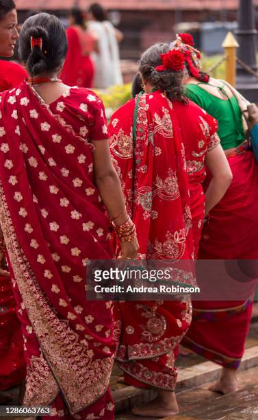 back view of women's ornate red sari's at hindu teej festival, kathmandu, nepal - teeji festival stock pictures, royalty-free photos & images
