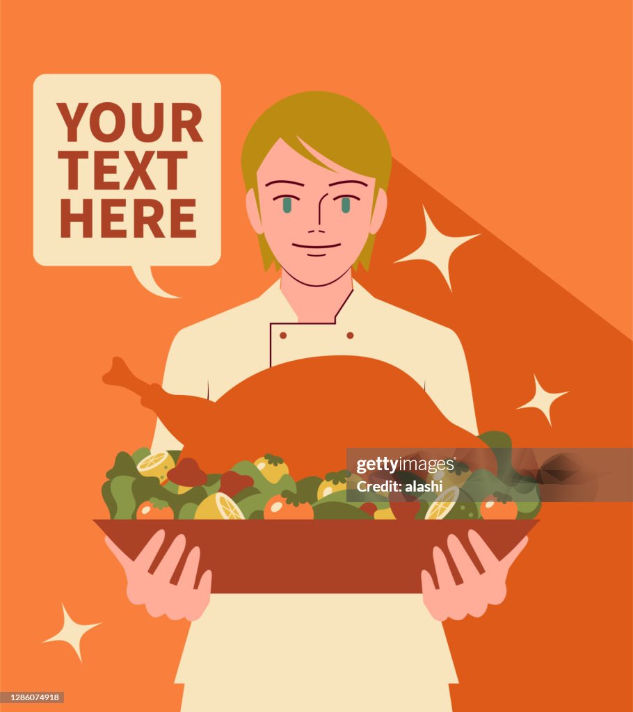 Smiling beautiful female chef serves traditional Thanksgiving turkey dinner