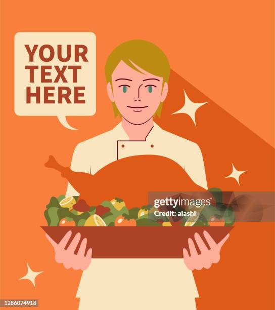 smiling beautiful female chef serves traditional thanksgiving turkey dinner - eating grilled chicken stock illustrations