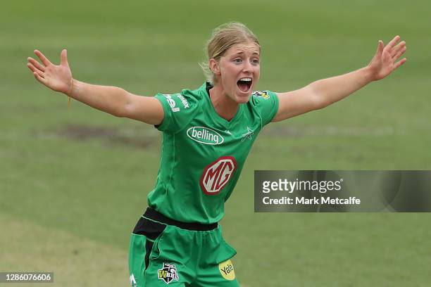 Sophie Day of the Stars celebrates taking the wicket of Nicole Bolton of the Scorchers during the Women's Big Bash League WBBL match between the...