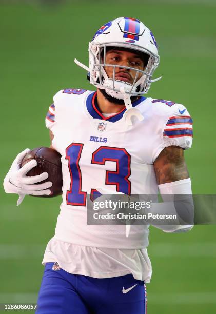 Wide receiver Gabriel Davis of the Buffalo Bills warms up before the NFL game against the Arizona Cardinals at State Farm Stadium on November 15,...