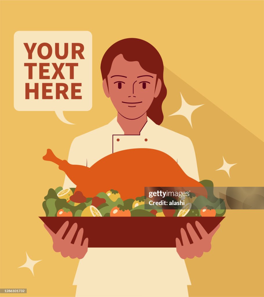 Smiling beautiful female chef serves traditional Thanksgiving turkey dinner (Roast chicken or duck)
