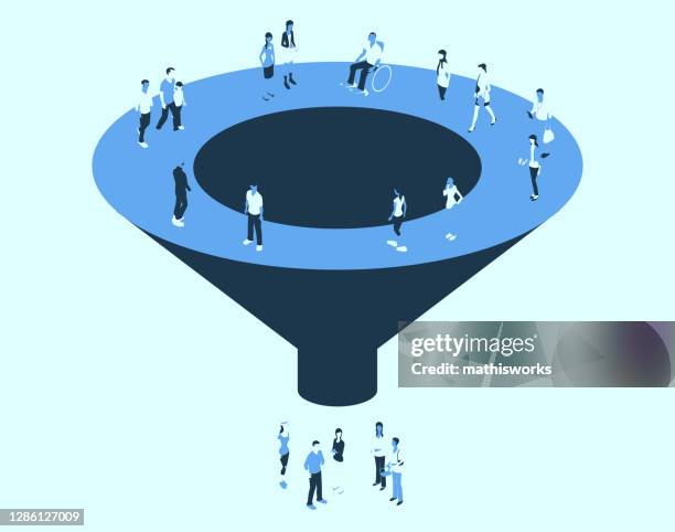 funnel with people in a blue color palette - funnel stock illustrations