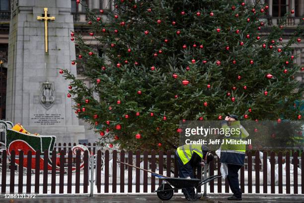 Council workers prepare Christmas decorations in George Square on November 17, 2020 in Glasgow, Scotland. First Minister Nicola Sturgeon is due to...