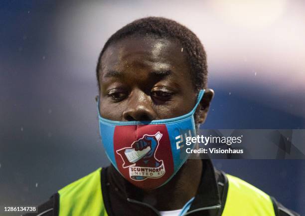 Olufela Olomola Scunthorpe United wearing a Scunthorpe United face mask during the Sky Bet League Two match between Oldham Athletic and Scunthorpe...