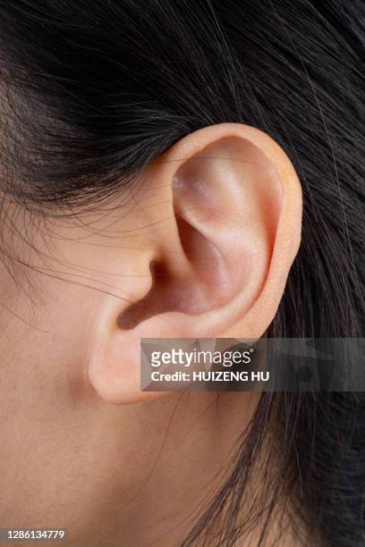 female human ear and hair close up - ear stockfoto's en -beelden