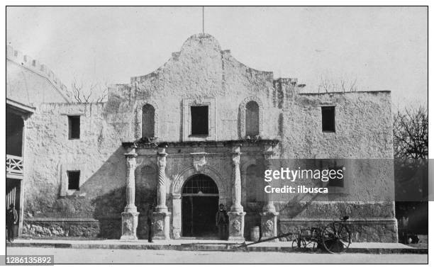 antique black and white photo of the united states: the alamo, san antonio, texas - alamo san antonio stock illustrations