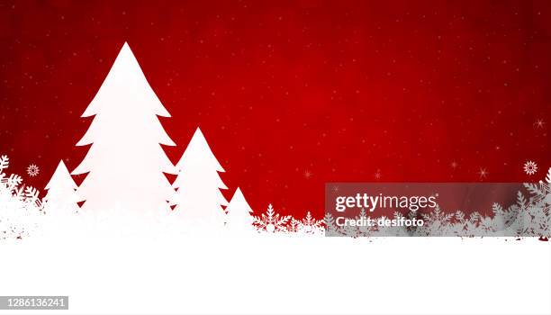 a vibrant red coloured creative merry christmas and new year festive vector design, with four white xmas coniferous trees in a row with snowflakes - christmas red background stock illustrations