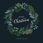 Christmas wreath with holly berries, mistletoe, pine and fir branches, cones, rowan berries. Xmas and happy new year postcard. Vector illustration