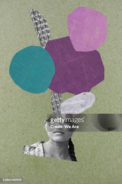 woman with shapes coming out of head - fotomontaggio foto e immagini stock