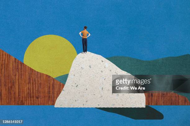 man standing on top of mountain - montage stock-fotos und bilder