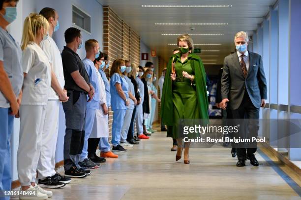 King Philippe of Belgium and Queen Mathilde visit the Bois de l'Abbaye Hospital Center, on November 17, 2020 in Charleroi, Belgium. The Royal Couple...