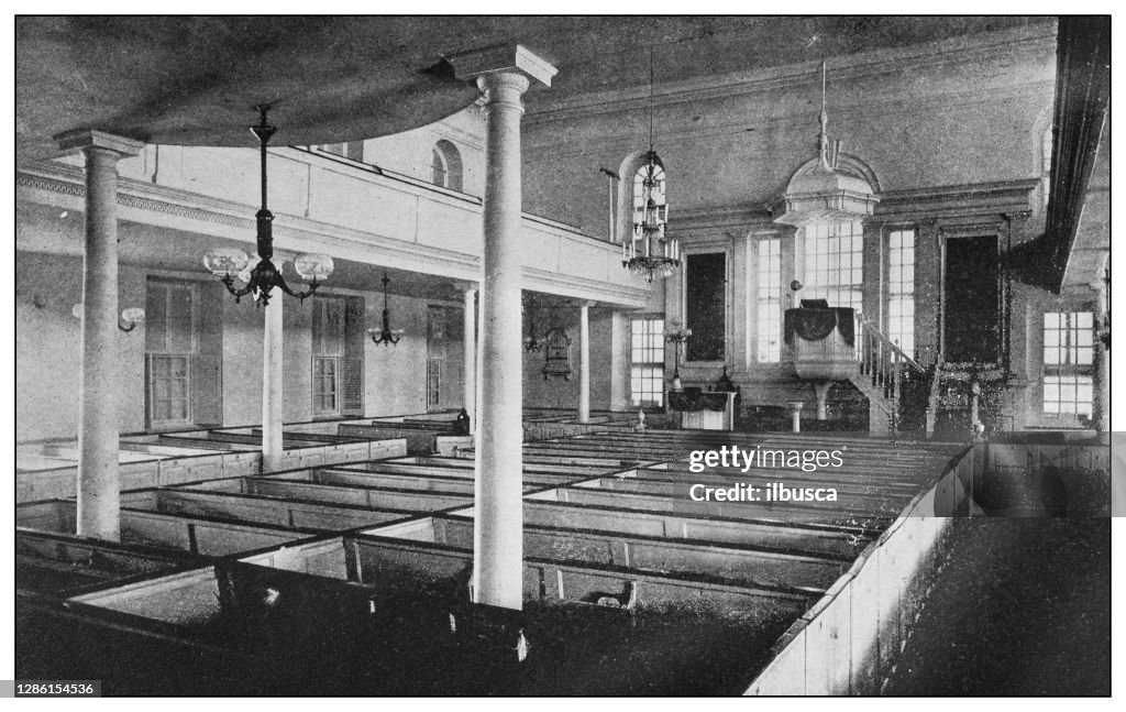 Antique black and white photo of the United States: Interior of Christ Church, Alexandria, Virginia, showing Washington's Pew