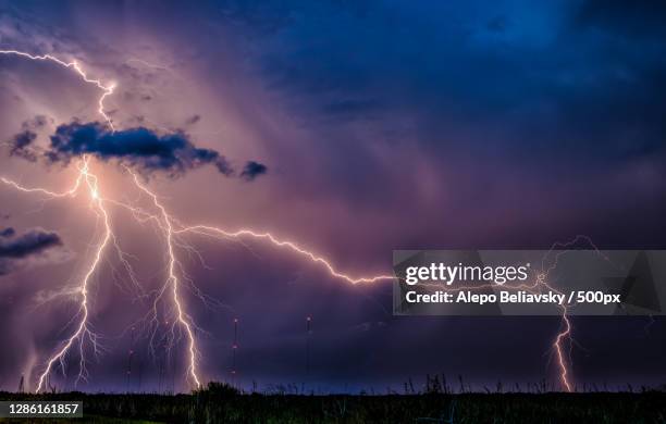 panoramic view of lightning against sky at night - storm stock pictures, royalty-free photos & images