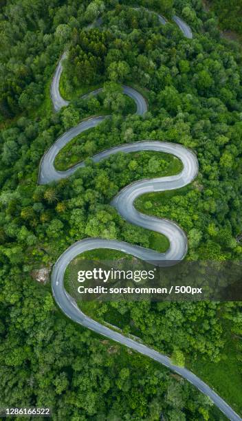 aerial view of winding road amidst trees in forest,brekkedalen,vossestrand,norway - norway landscape stock pictures, royalty-free photos & images