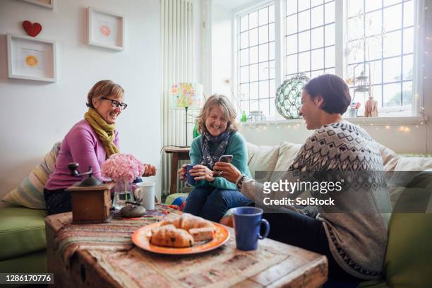 friends sharing lunch - only mature women stock pictures, royalty-free photos & images