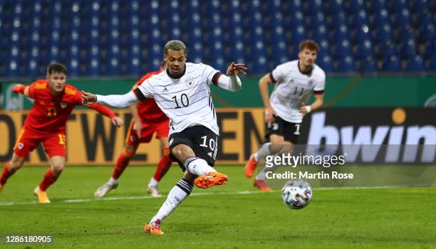 Lukas Nmecha of Germany scores his teams first goal from the penalty spot during the UEFA Euro Under 21 Qualifier match between Germany U21 and Wales...
