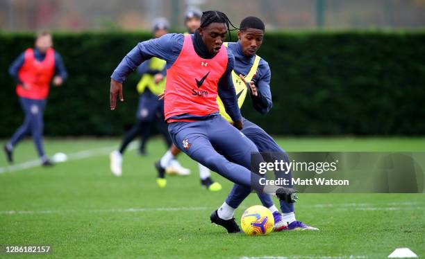 Dan N'Lundulu and Kayne Ramsay during a Southampton FC training session at the Staplewood Campus on November 17, 2020 in Southampton, England.