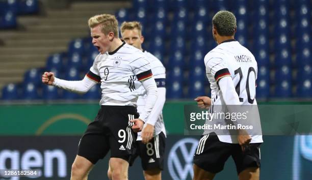 Jonathan Burkardt of Germany celebrates after scoring his teams second goal during the UEFA Euro Under 21 Qualifier match between Germany U21 and...
