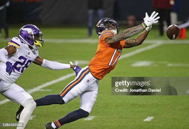 Anthony Miller of the Chicago Bears tries in vain to make a catch in front of Chris Jones of the Minnesota Vikings at Soldier Field on November 16,...