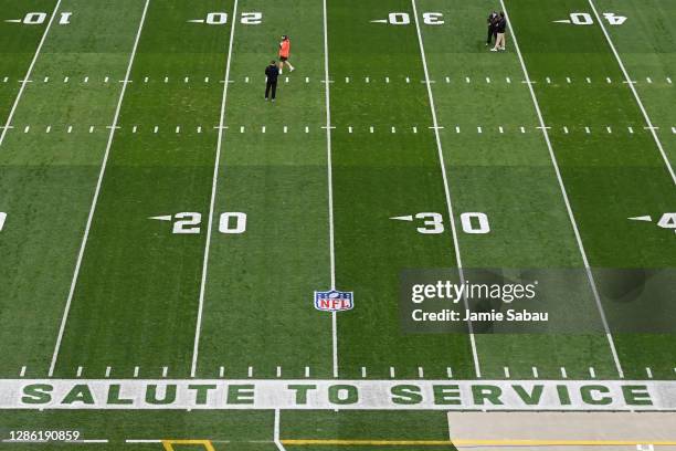 General view of signage on the field at FirstEnergy Stadium before a NFL game between the Cleveland Browns and the Houston Texans on November 15,...