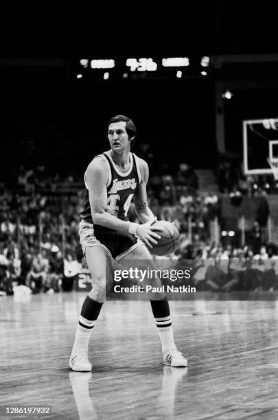 Jerry West of the Los Angeles Lakers in the 1971-1972 season at the Chicago Stadium in Chicago, Il.