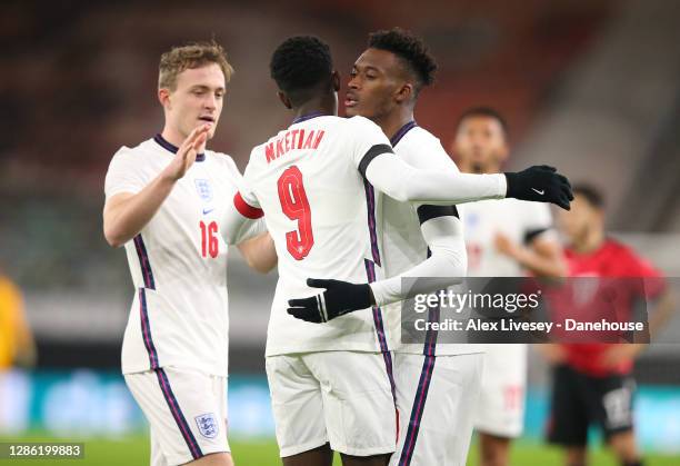 Callum Hudson-Odoi of England U21 celebrates with Eddie Nketiah after scoring the opening goal during the UEFA Euro Under 21 Qualifier match between...