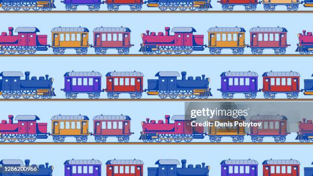 handgezeichnete vektor nahtlose illustration - züge und wagen. - miniature train stock-grafiken, -clipart, -cartoons und -symbole