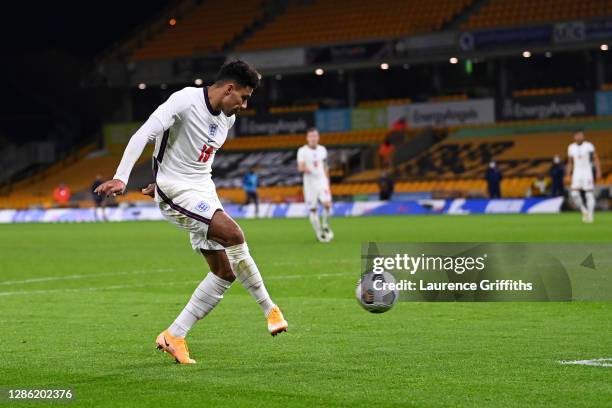 James Justin of England scores their team's second goal during the UEFA Euro Under 21 Qualifier match between England U21 and Albania U21 at Molineux...