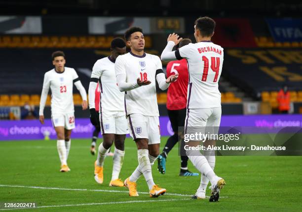 James Justin of England U21 celebrates with Lee Buchanan after scoring their second goal during the UEFA Euro Under 21 Qualifier match between...