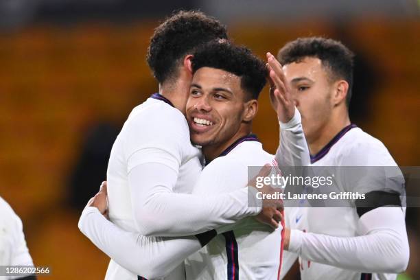 James Justin of England celebrates with teammate Ben Godfrey of England after scoring their team's second goal during the UEFA Euro Under 21...